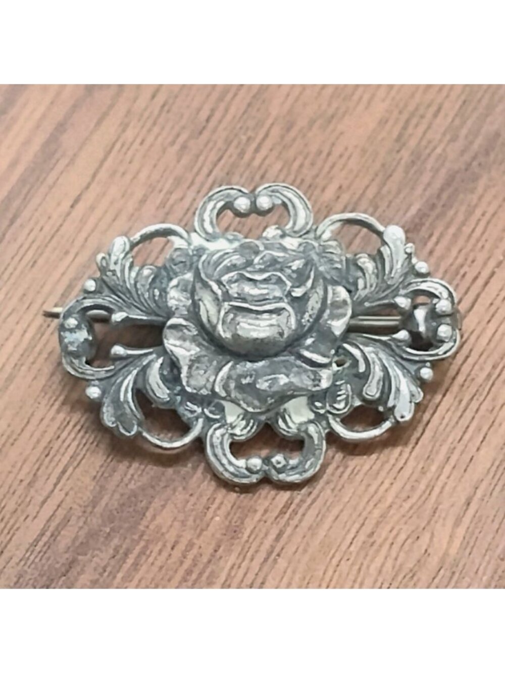 Vintage Art Nouveau Silver Tone Floral Rose Repousse Brooch Ornate Swirl Setting - Picture 2 of 4